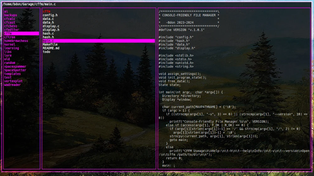 CFFM showing a directory tree, file list, and C source preview.