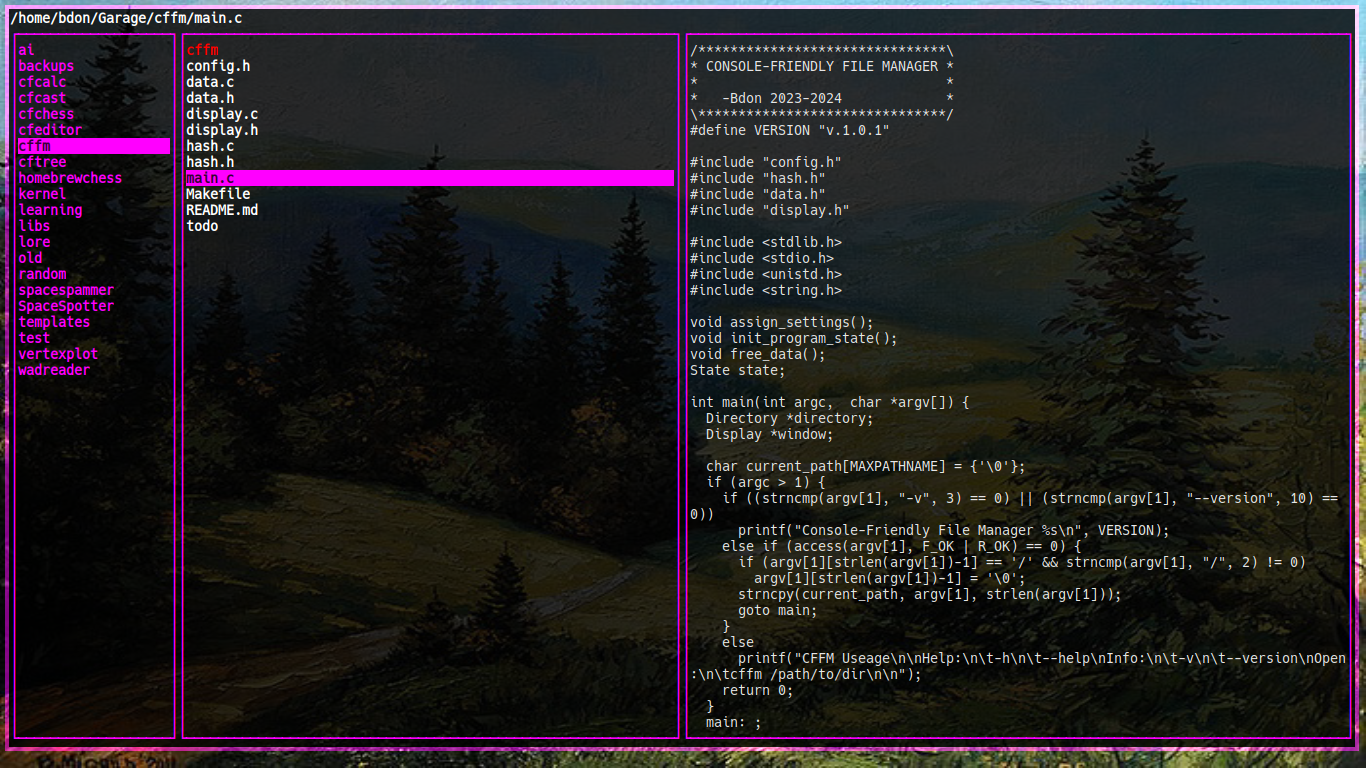 CFFM showing a directory tree, file list, and C source preview.