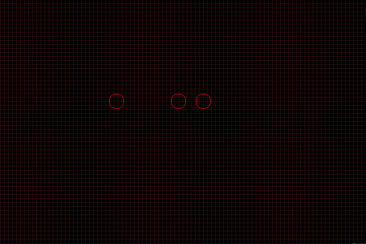 Three outlined circular particles on the simulation grid after the leftmost and middle particles collide.