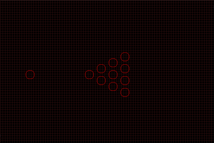 One circular particle facing a triangular arrangement of ten particles on the simulation grid.
